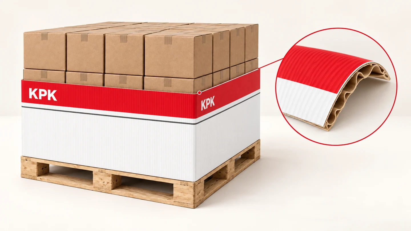 Červeno-biely paletový wrap KPK s kruhovým zväčšeným detailom dvojvrstvovej vlnitej lepenky