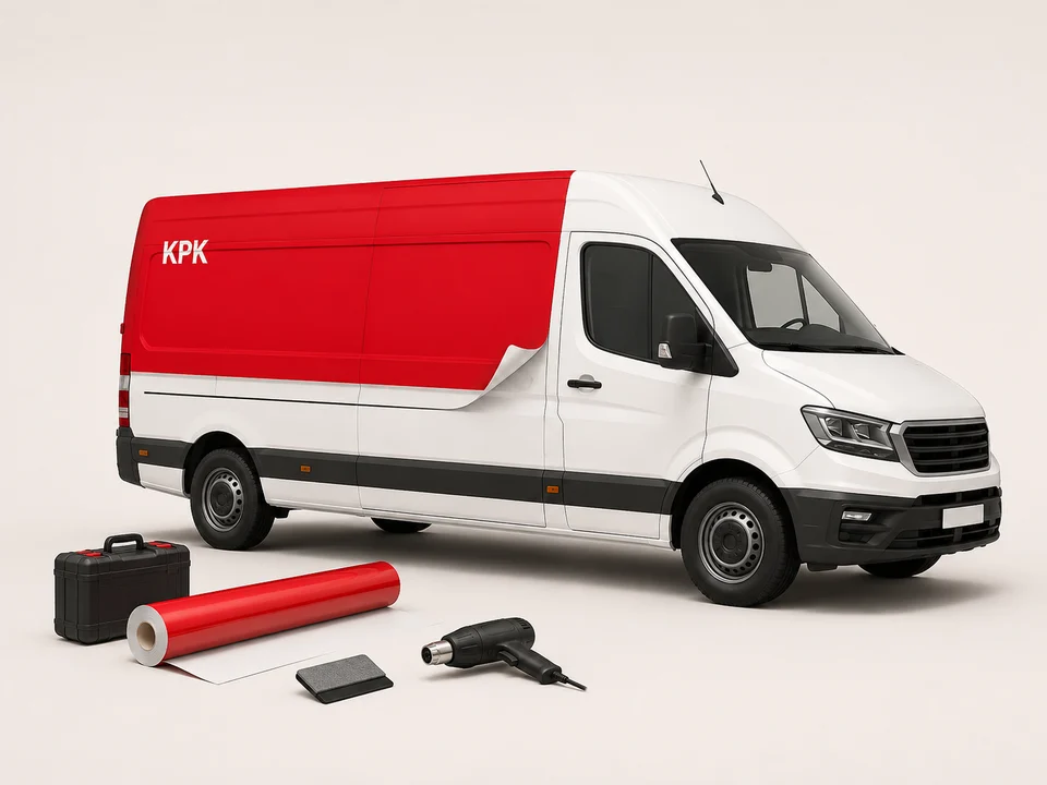 Aplikácia červenej reklamnej fólie na bielu dodávku