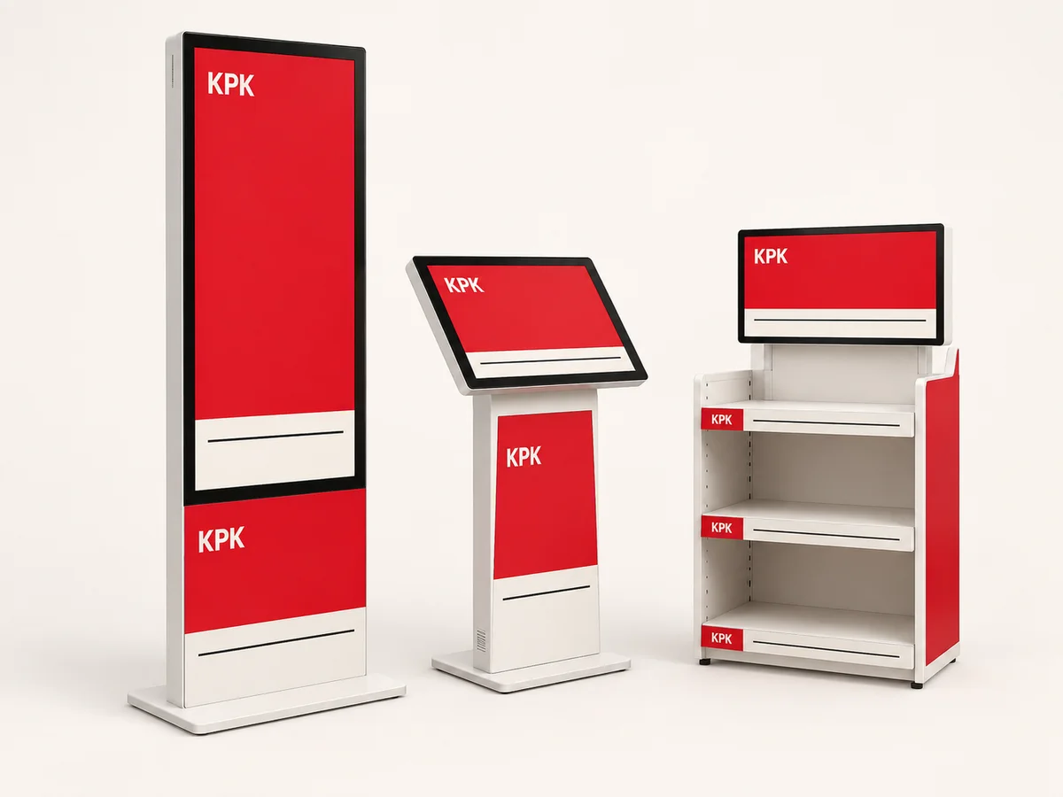 Ilustračný digitálny totem, dotykový kiosk a regálový displej s jednotnou červenou grafikou