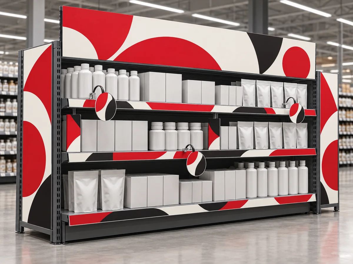 Ilustračná vizualizácia regálu s woblermi, shelf stopermi a reklamnými pásmi
