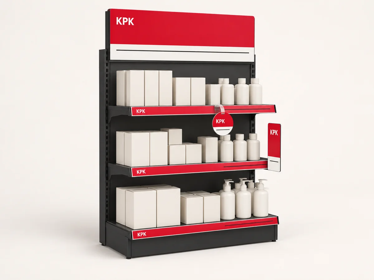 Ilustračný regál s červenými reklamnými pásmi, woblerom a kolmým shelf stoperom KPK