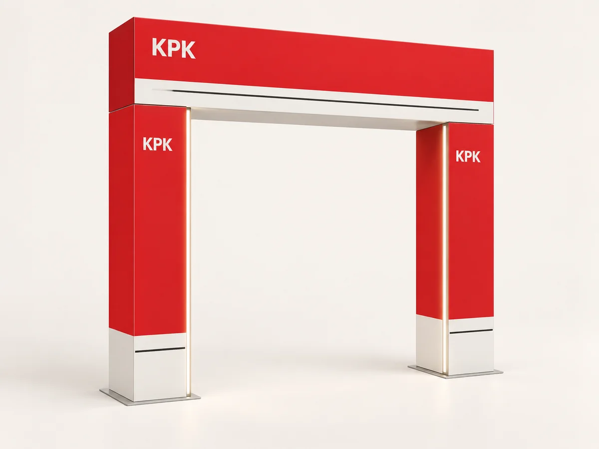 Ilustračná reklamná vstupná brána s červenou potlačou KPK a voľným priechodom