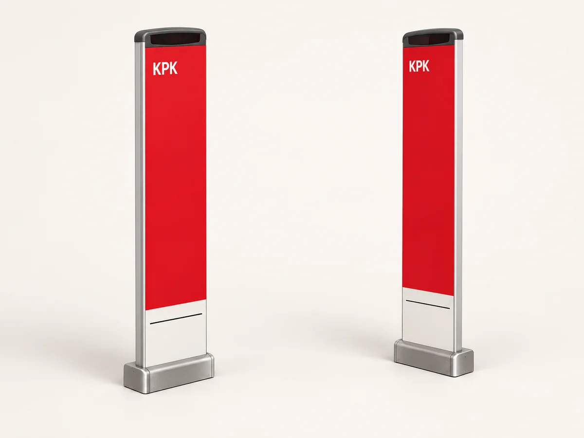 Ilustračné červené reklamné návleky na dvojici bezpečnostných antén pri vstupe