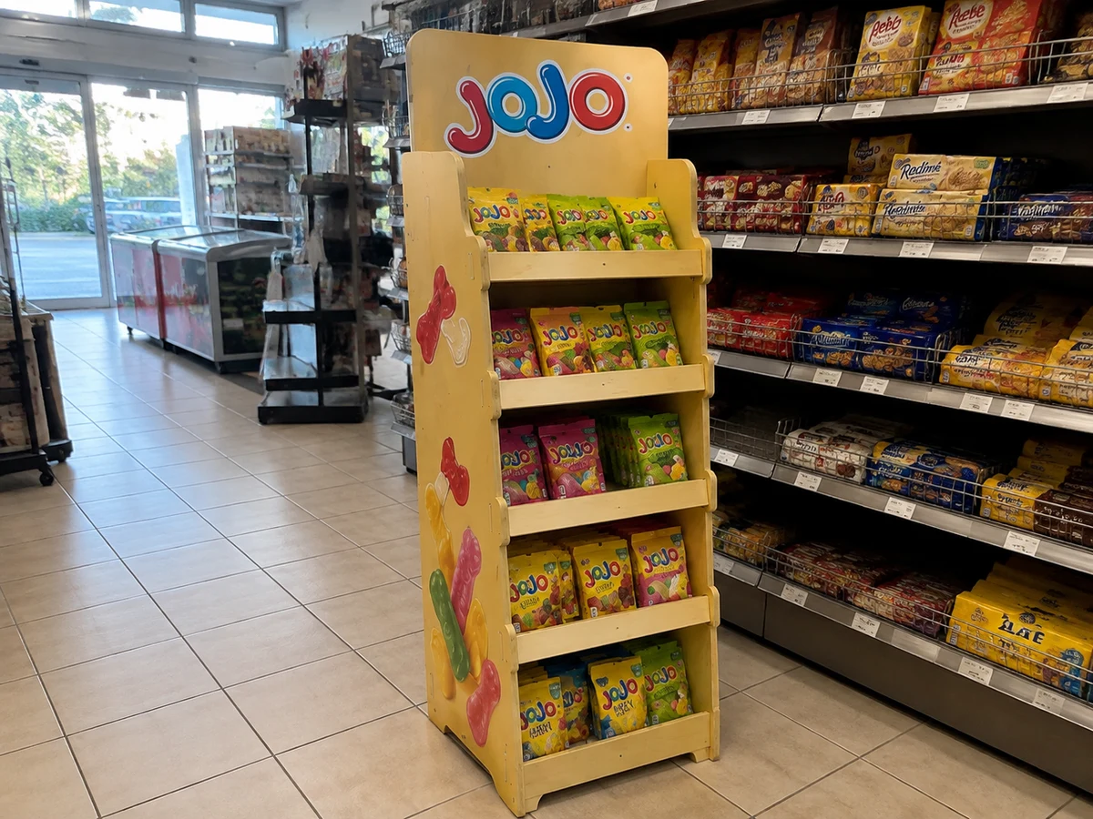 Fotorealistická vizualizácia stojana JOJO s cukrovinkami v obchode