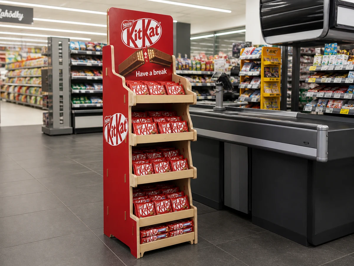 Fotorealistická vizualizácia červeného stojana KitKat pri pokladni v predajni