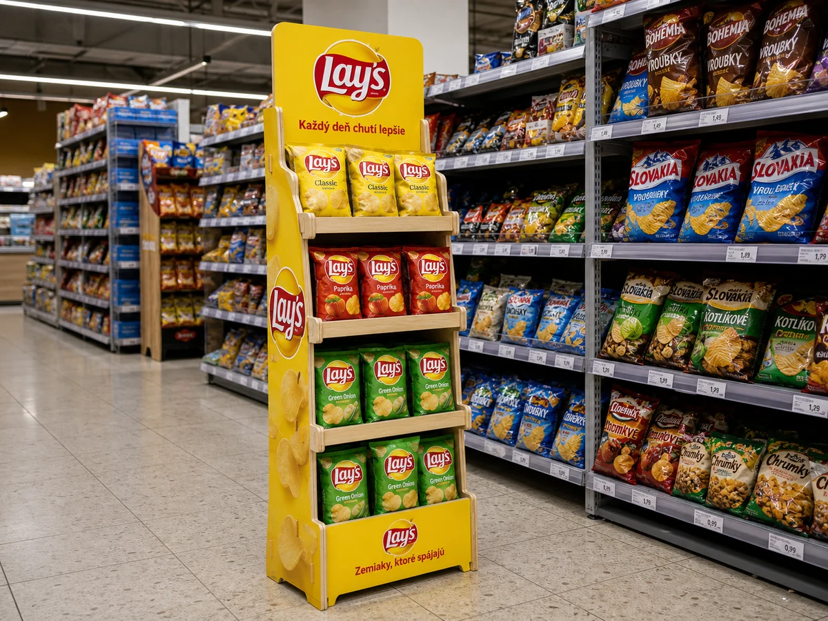 Fotorealistická vizualizácia žltého stojana Lay's v uličke so snackmi