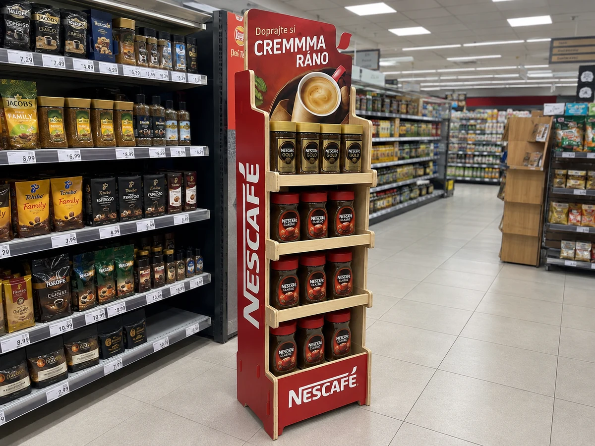 Fotorealistická vizualizácia stojana NESCAFÉ s kávovými pohármi v supermarkete