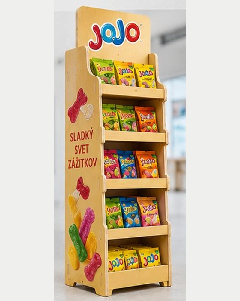 Žltý preglejkový stojan JOJO s baleniami cukroviniek