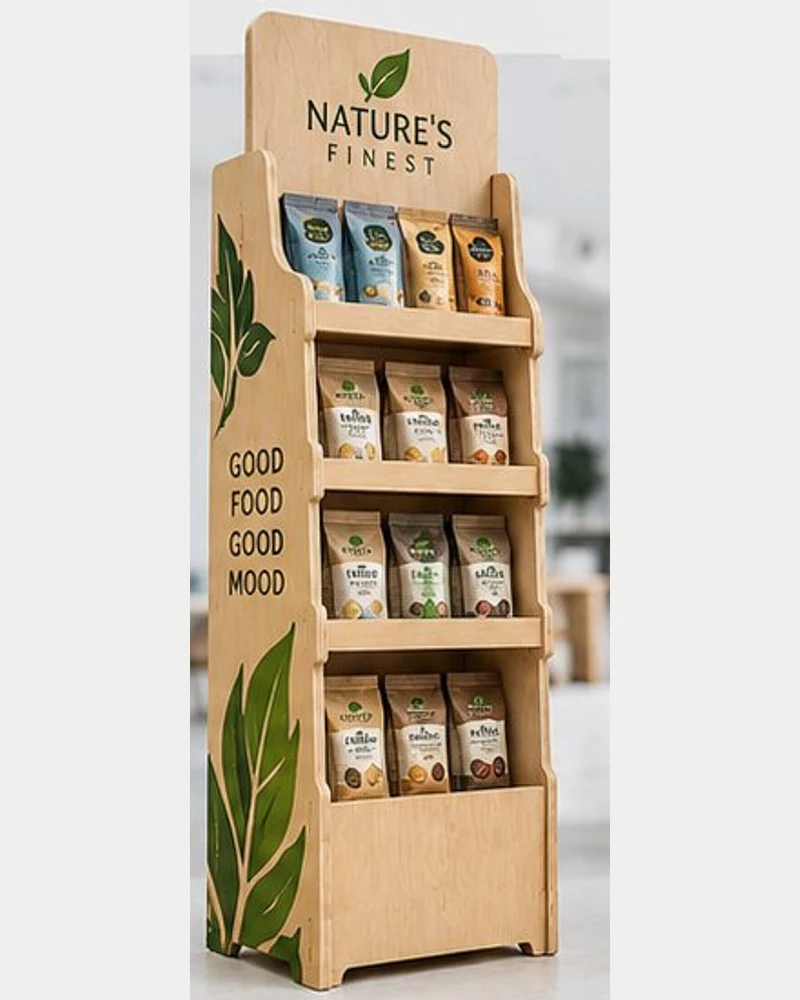 Prírodný preglejkový stojan Nature's Finest s balenými produktmi