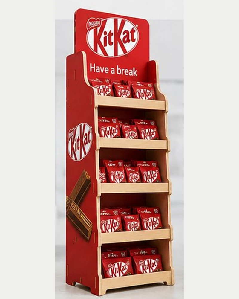 Preglejkový stojan s červenou potlačou KitKat a čokoládovými tyčinkami