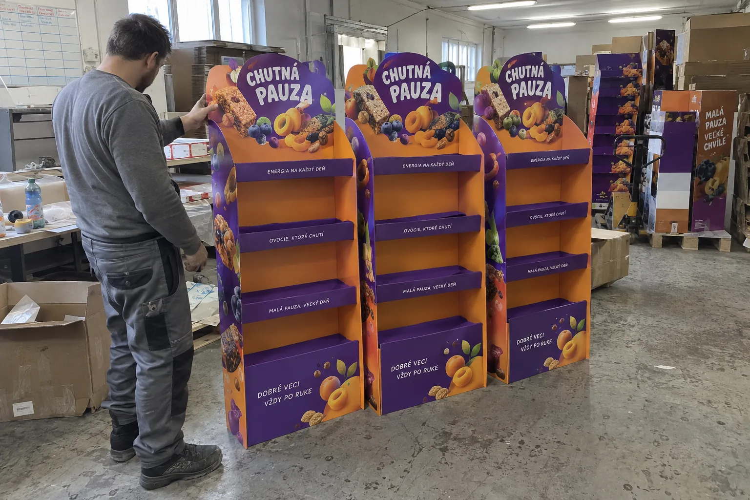 Ilustračná fotografia zostavených kartónových reklamných stojanov s farebnou produktovou grafikou pri preberaní v dielni.