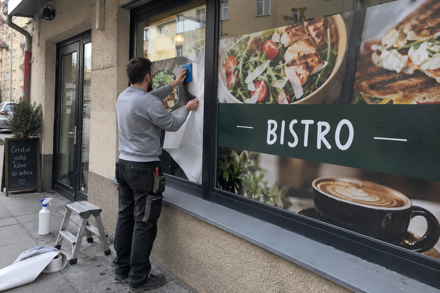 Ilustračná fotografia montážnika pri lepení reklamnej fólie na výklad malej reštaurácie.