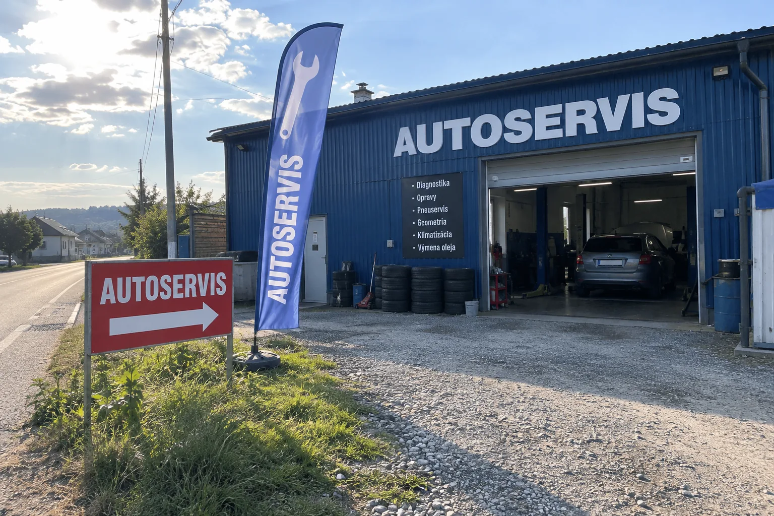 Ilustračná fotografia autoservisu s reklamným smerovníkom pri ceste a vlajkou pred prevádzkou.