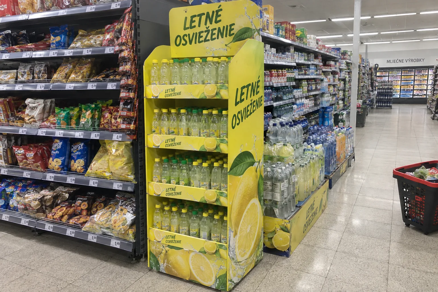 Ilustračný príklad farebného POS stojana s vystaveným tovarom v bežnom supermarkete.
